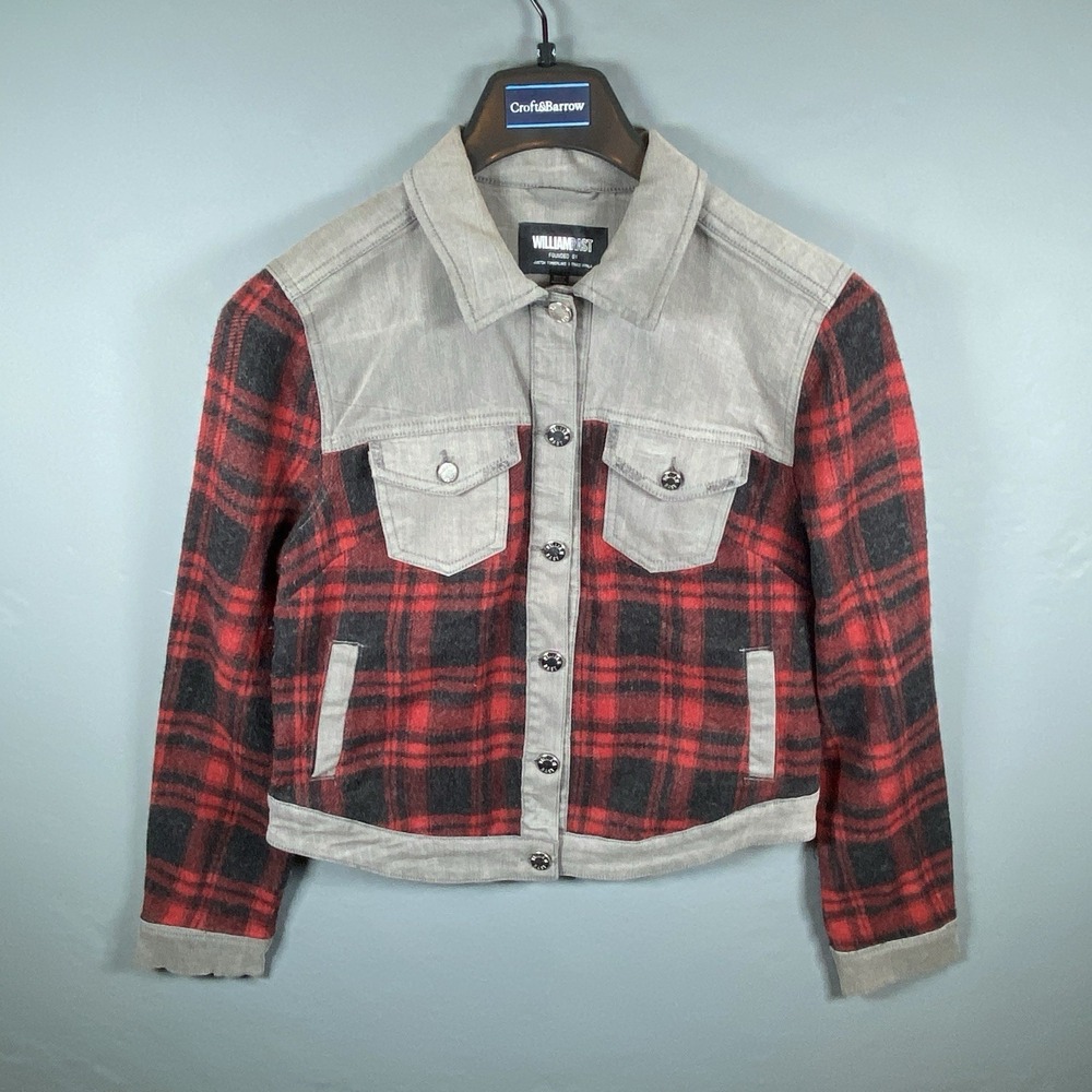William Rast Motocross Flannel Denim Jacket Womens Red Black Plaid Size L